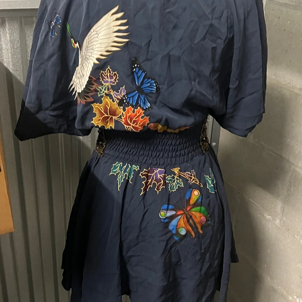 Meghan LA Dark Blue Kimono with Crane and Beaded Belt - Picture 5 of 9